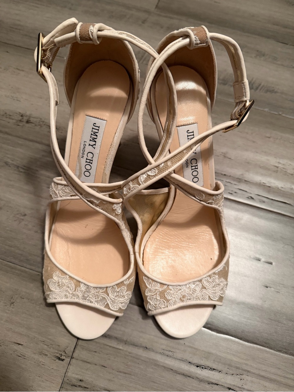 Jimmy Choo Ivory Lace Strappy Open-Toe Heels